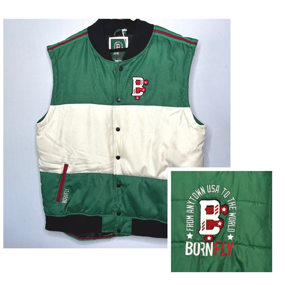 Born Fly Puffer Vest Mens Size 3XL Color Block Full Zip Graphic Embroidered Back - Picture 1 of 15
